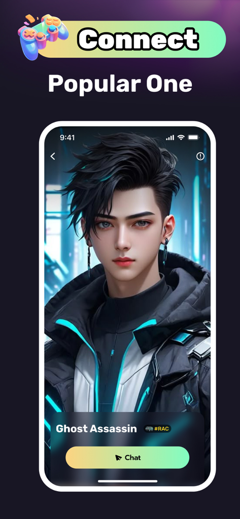 AICht: Live Chat Hot Girls - AICht app interface featuring a popular AI character named Ghost Assassin with a chat button