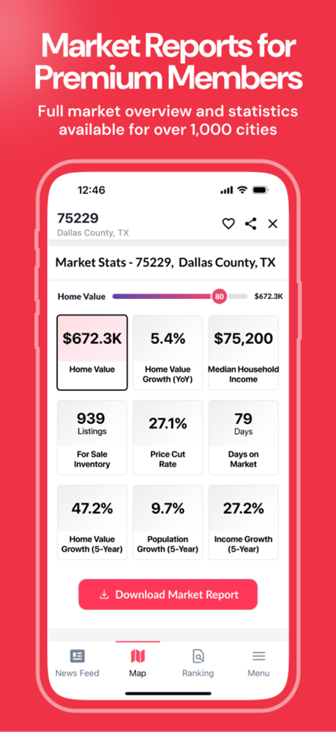 Capture d'écran de l'application Reventure montrant des statistiques détaillées du marché immobilier et les valeurs des logements pour le comté de Dallas.