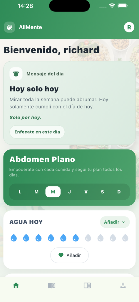 Alimente - Tableau de bord de l'application mobile Alimente montrant les objectifs quotidiens, la planification des repas et le suivi de l'hydratation en espagnol.