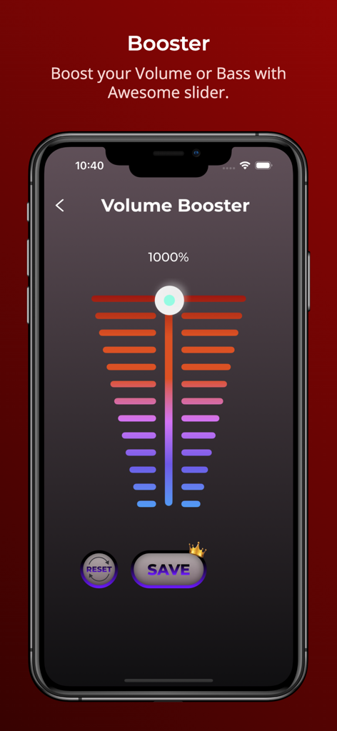 AV Box: Volume Booster and EQ - AV Box app volume booster interface featuring a colorful vertical slider set to 1000 percent