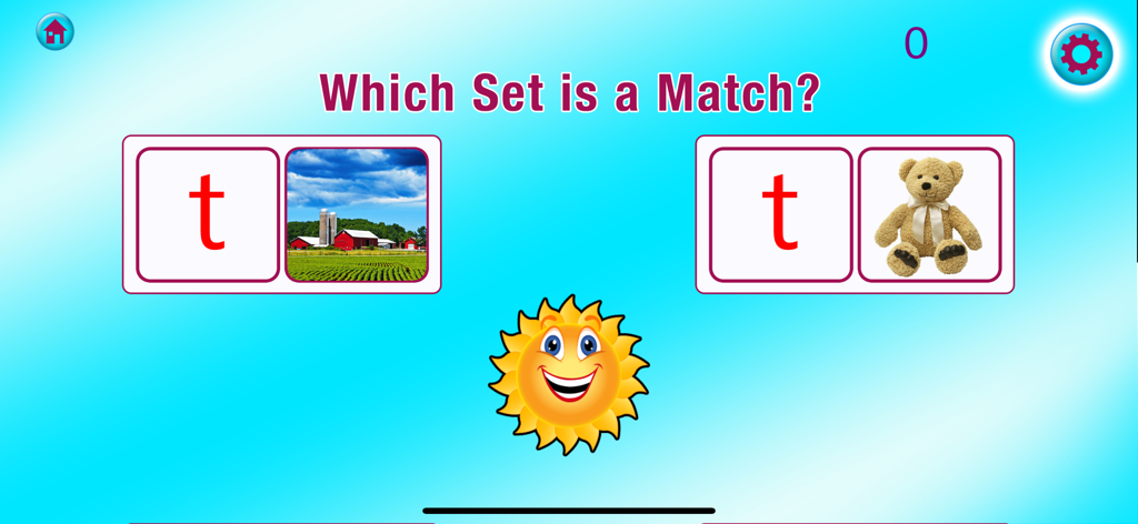 ABC MAGIC PHONICS 2 Deluxe - Educational matching game screen in ABC Magic Phonics 2 showing the lowercase letter t and a teddy bear