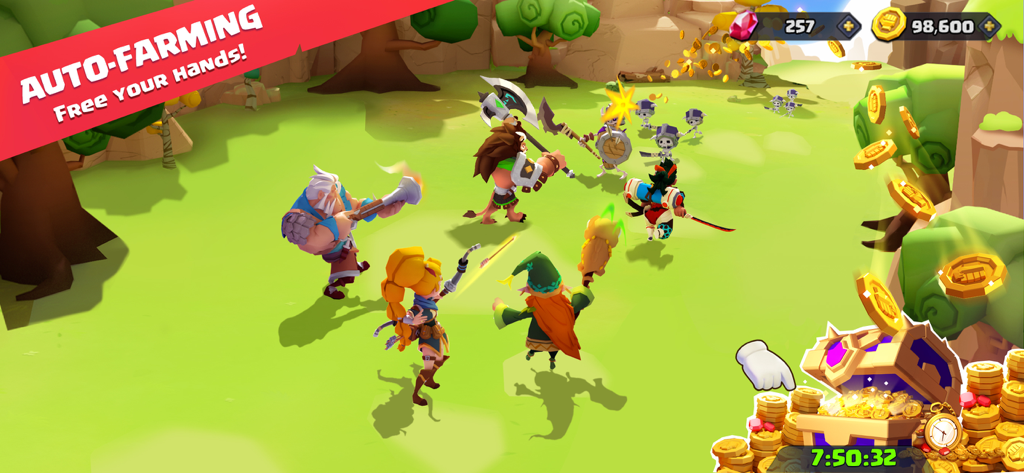 Valor Legends: Idle RPG - 金貨でいっぱいの宝箱と一緒に自動ファーミングバトル中のヒーローを示すヴァラーレジェンズ放置系RPGのゲームプレイ