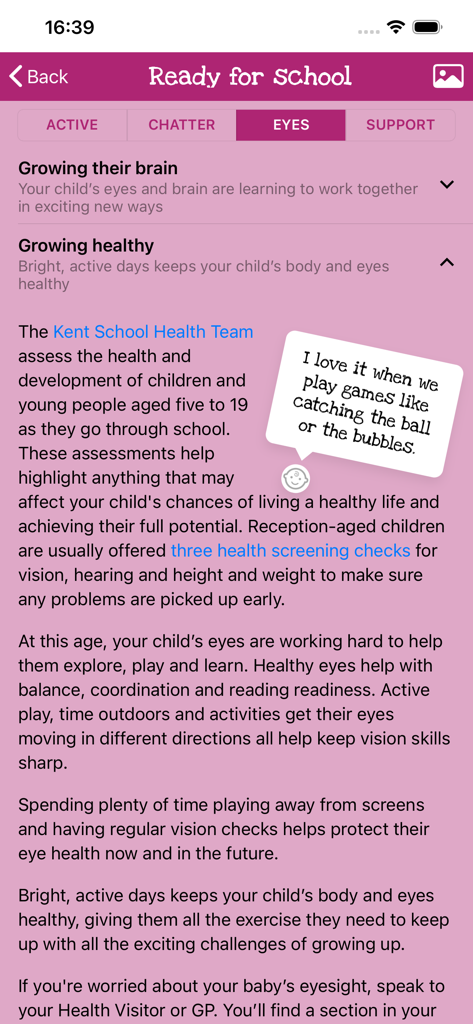 Écran de l'application Born to move montrant des conseils de développement sur la santé des yeux et la préparation à l'école pour les enfants.