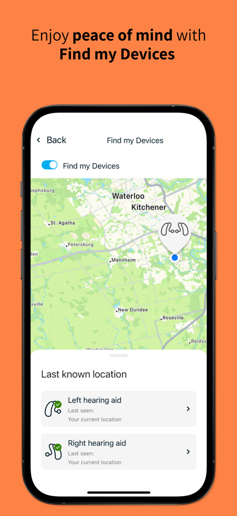 Unitron Remote Plus - Unitron Remote Plus app Find my Devices feature showing hearing aid locations on a map