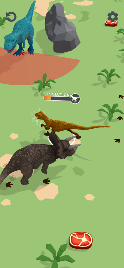 Dino Evolution 3D - Gameplay of Dino Evolution 3D showing different dinosaurs and an evolution progress bar on a green field