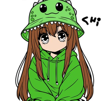 girl with anime shaped eyes with a dinosaur bucket hat oversized sweatshirt long straight hair