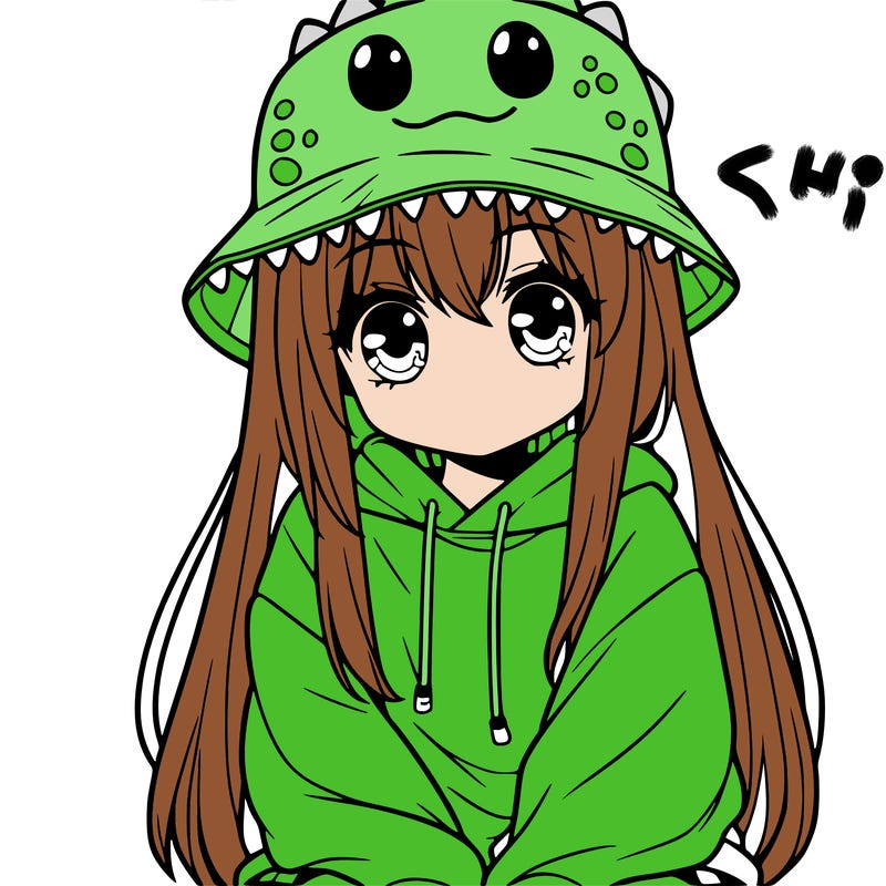 girl with anime shaped eyes with a dinosaur bucket hat oversized sweatshirt long straight hair