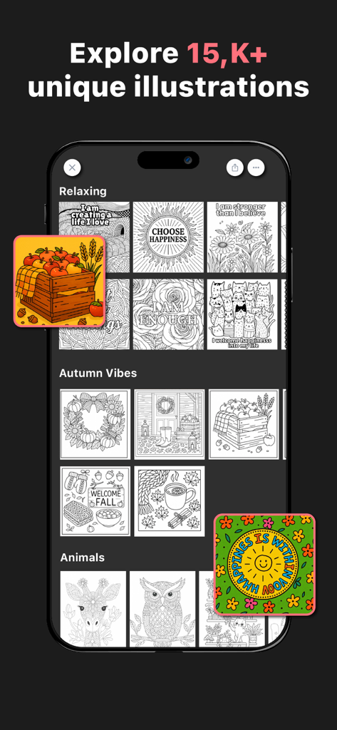 Interface of the Bloom adult coloring app displaying a wide variety of unique illustration categories including relaxing and autumn themes.