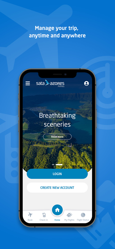 Schermata principale dell'app mobile SATA Azores Airlines con pulsanti di accesso e menu di navigazione per i viaggi