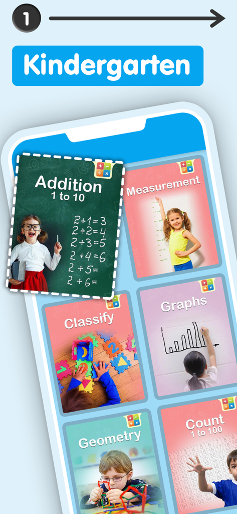 Interface of the Smart Kidz Club math app showing various Kindergarten modules like Addition Measurement and Geometry