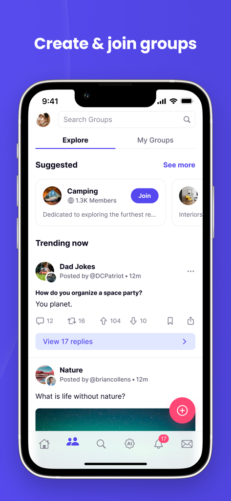 Truth Social - Interfaz de la aplicación móvil Truth Social que muestra la pantalla de exploración de grupos con comunidades sugeridas y populares