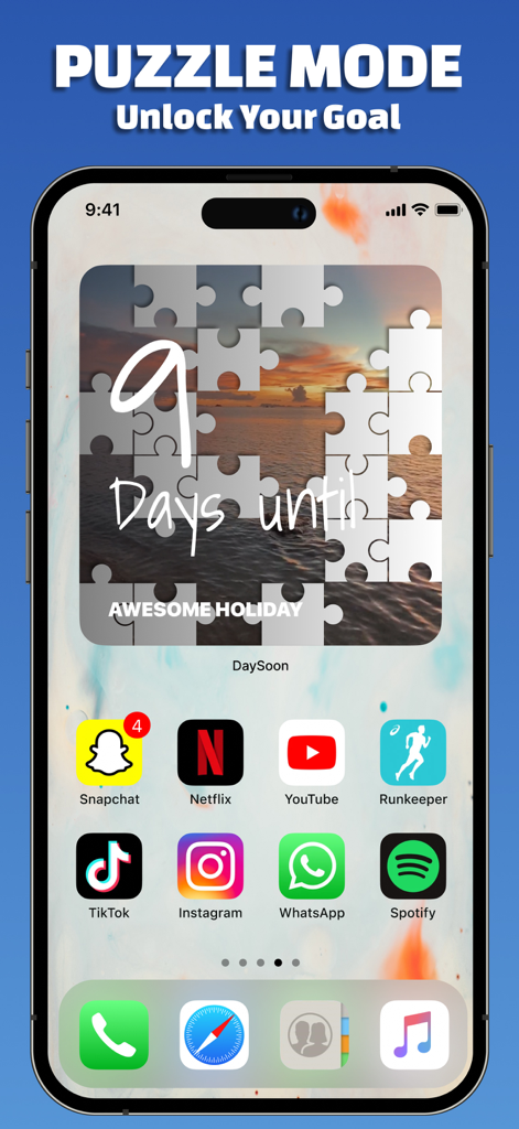 Day Counter Widget - DYZO - Pantalla de inicio estética de iPhone con un widget de cuenta regresiva en modo rompecabezas para unas vacaciones.