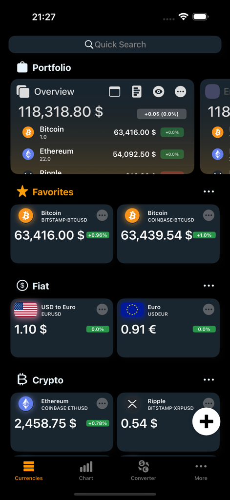 CryptoView - CryptoViewアプリのインターフェイス。包括的なポートフォリオ概要とリアルタイムの仮想通貨価格追跡を表示しています。
