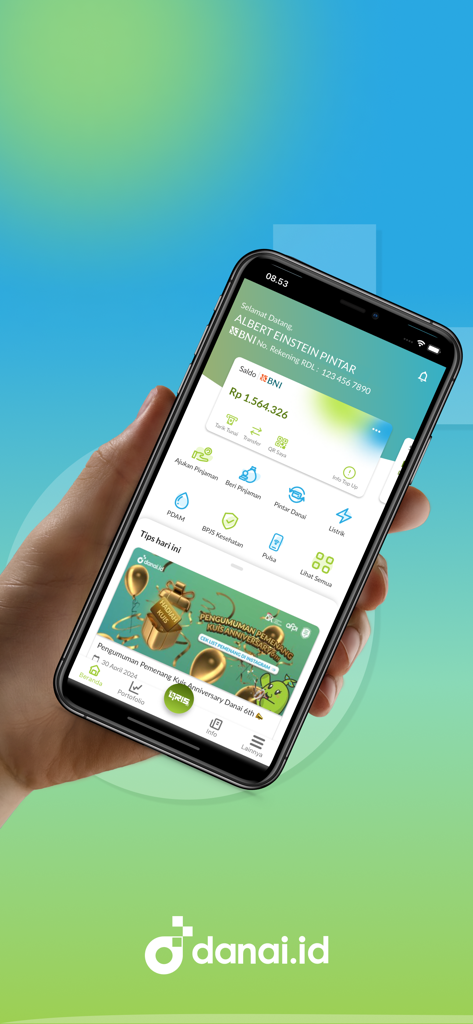 Danai.id - P2P Lending - A hand holding a smartphone displaying the Danai.id P2P lending app dashboard with account balance and financial service icons