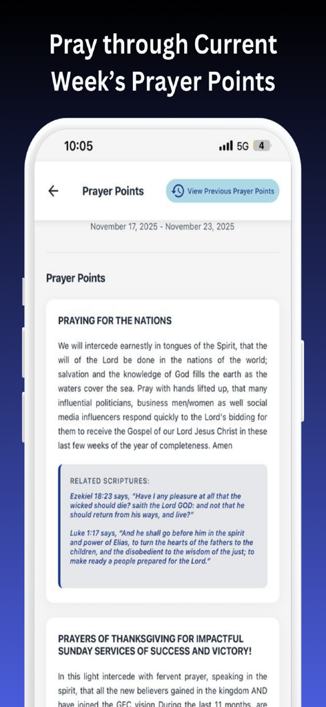Envoys - A mobile screen from the Envoys app showing weekly prayer points and scriptures for church members