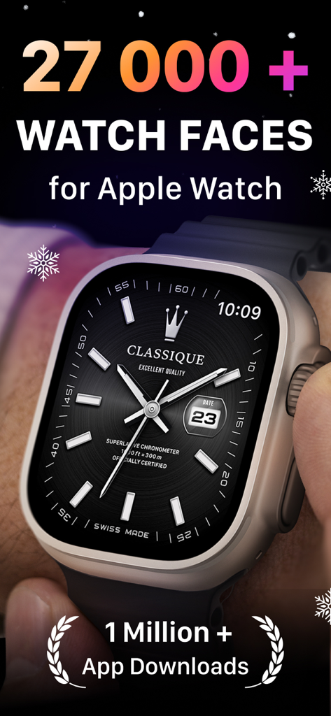 Watch Faces Gallery for iWatch - A luxury analog watch face displayed on an Apple Watch Ultra with text mentioning 27000 plus faces and over 1 million downloads.