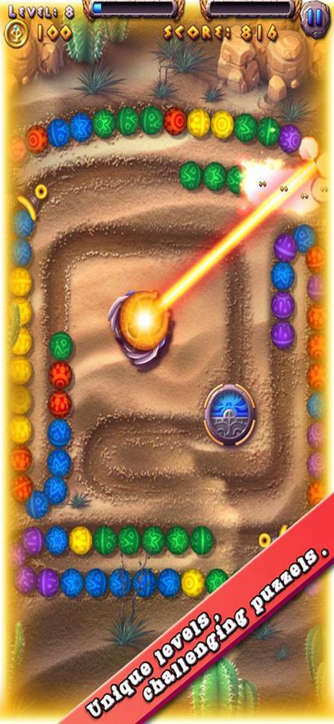Marble Shoot - Egyptian - Marb - Gameplay screenshot of a marble shooter puzzle level showing colored spheres on a sand path with a laser beam effect.
