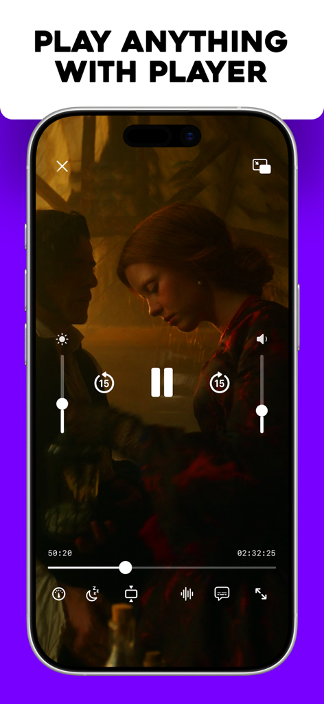 Interface du lecteur vidéo de l'application Flux IPTV avec contrôles de lecture et de volume sur un iPhone