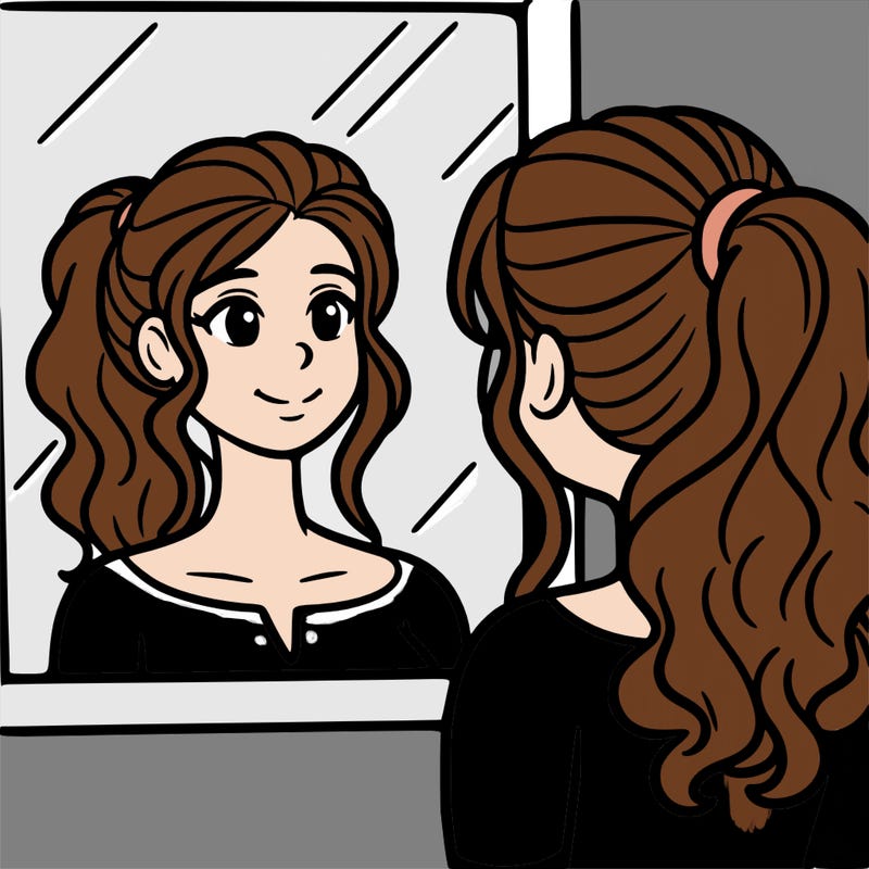 a woman looks at her reflection in the mirror