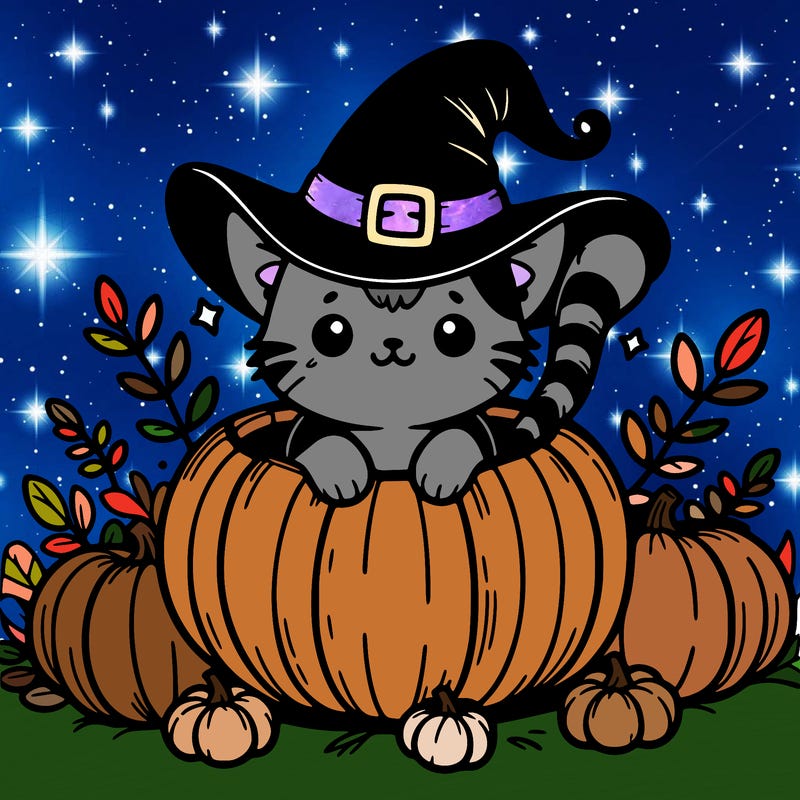cat in a pumpkin with witch hat
