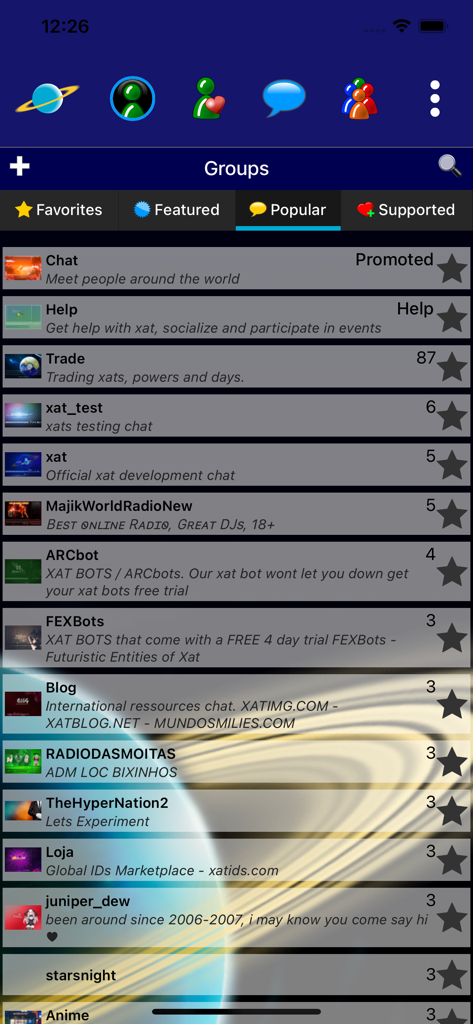 Interface showing a list of popular chat rooms and groups in the xat social app