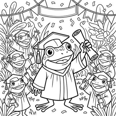 Witness the adorable and triumphant scene of Goliath Frogs celebrating their graduation! Each mighty frog dons a cap and gown, proudly clutching their diplomas, ready for your artistic touch.