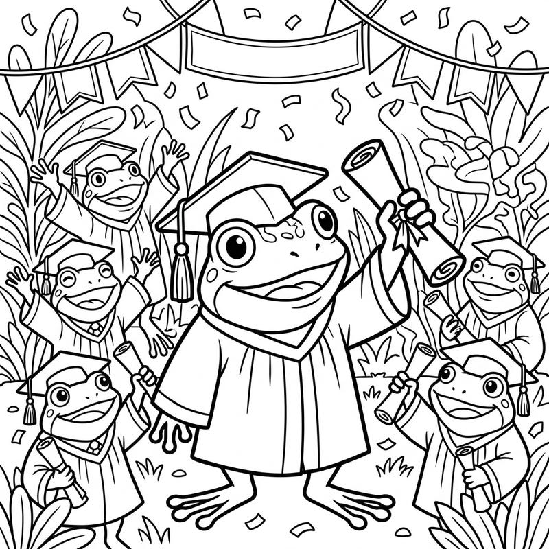 Witness the adorable and triumphant scene of Goliath Frogs celebrating their graduation! Each mighty frog dons a cap and gown, proudly clutching their diplomas, ready for your artistic touch.