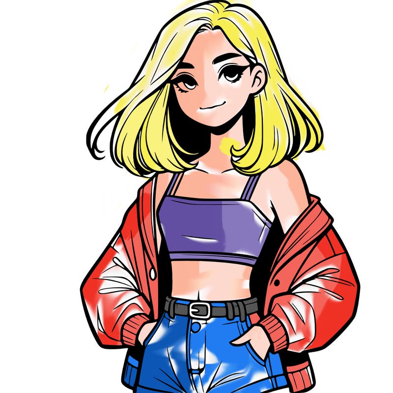 a realistic girl with a crop top and short shorts in an open jacket