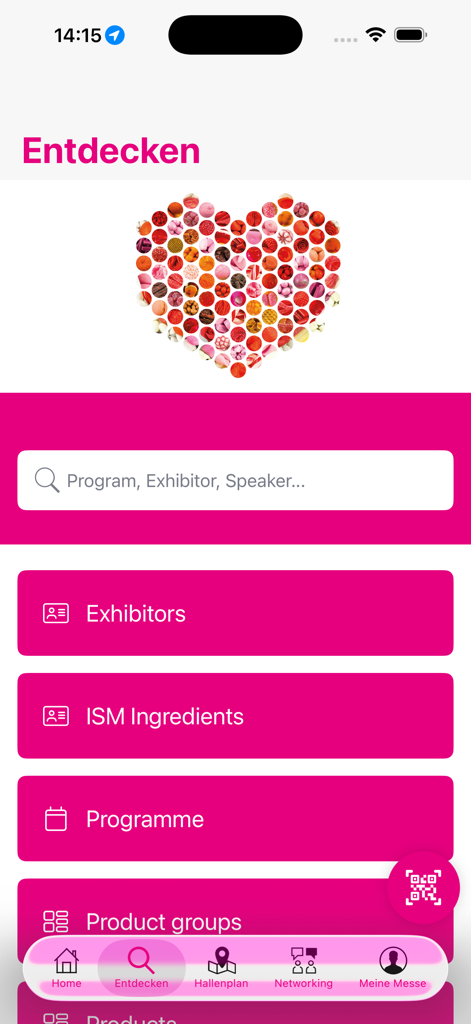 ISM Cologne mobile App Startbildschirm mit einer Zuckerherz-Grafik und Navigationsmenü für Aussteller und Programme