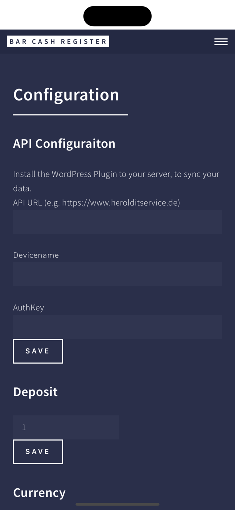 Bar Cash Register PRO - Bar Cash Register PRO app configuration screen showing API synchronization settings and glass deposit input field