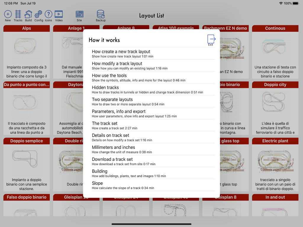 TrainDesign - Interface of the TrainDesign app on iPad showing various track layouts and an overlay tutorial menu.