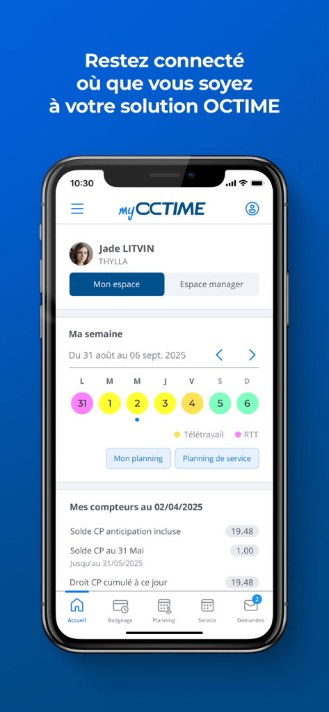 L'écran d'accueil de l'application mobile myOCTIME affichant un emploi du temps hebdomadaire et les soldes de congés des employés.