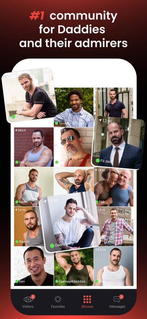A mobile screen from the Daddyhunt app showing a grid of profiles of mature men and their admirers with a header stating it is the number one community for daddies.