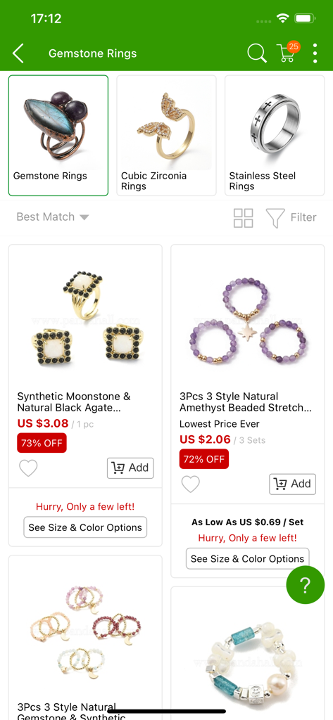 Pandahall  Beads - A catalog of gemstone rings and beaded stretch rings in the PandaHall Beads app showing wholesale prices and discounts.