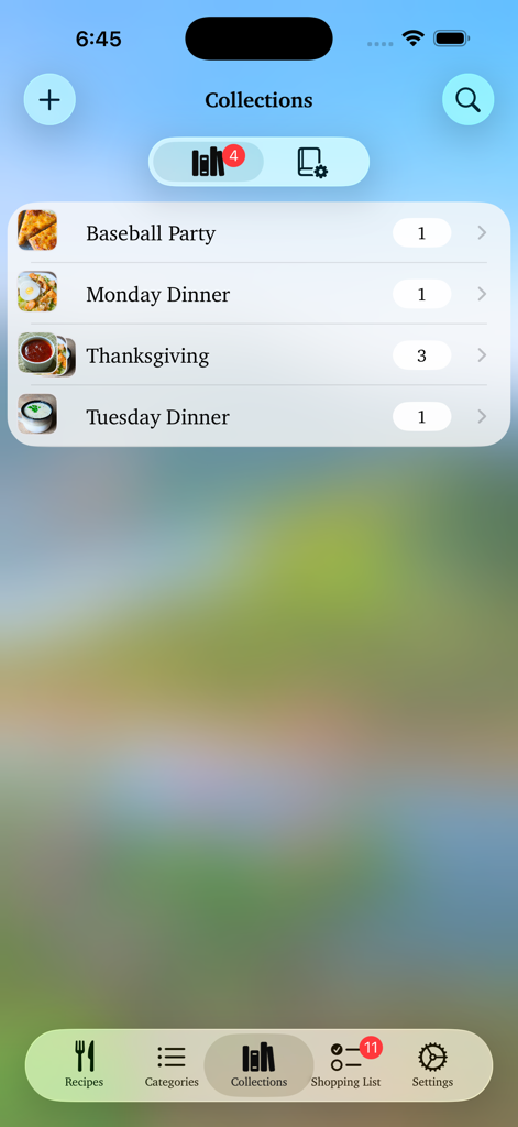 Personal Cookbook - Personal Cookbook app screen showing organized recipe collections like Monday Dinner and Thanksgiving with a custom background theme.