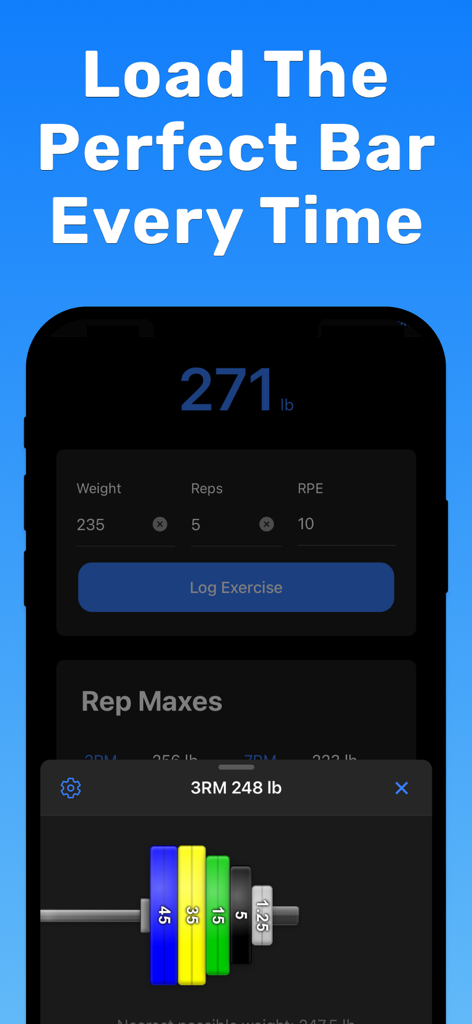 One Rep Max: 1RM Calculator - Interface visuelle et de calcul du chargement des disques d'haltères dans l'application One Rep Max