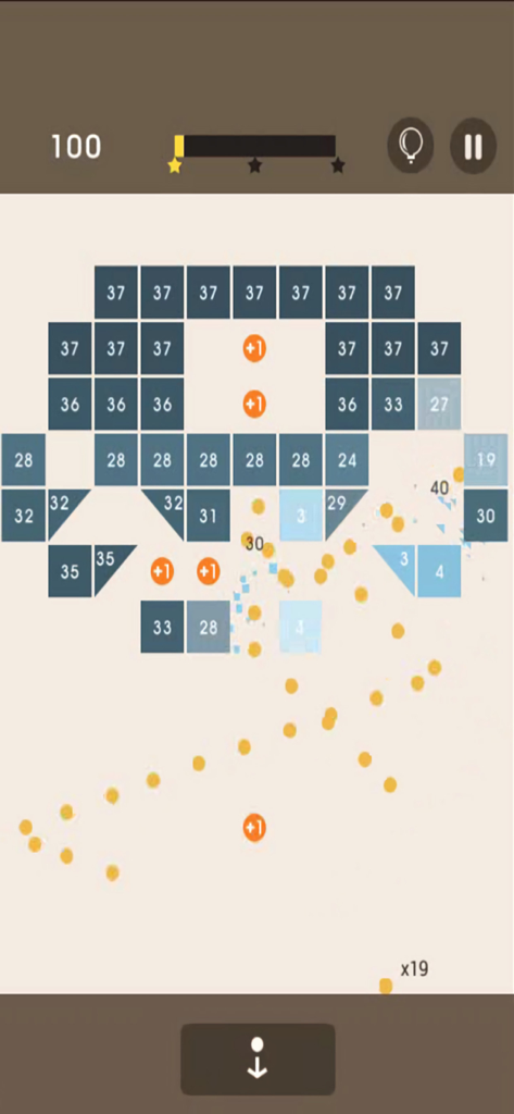 Bricks Breaker Puzzle game screen with balls hitting numbered blocks