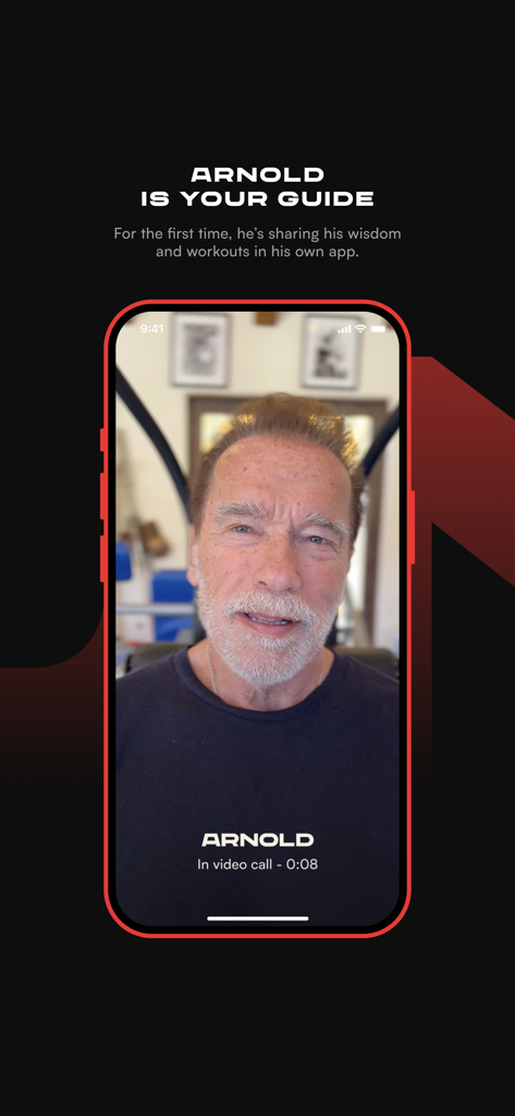 Arnold Schwarzenegger video call interface in the Pump Club fitness app