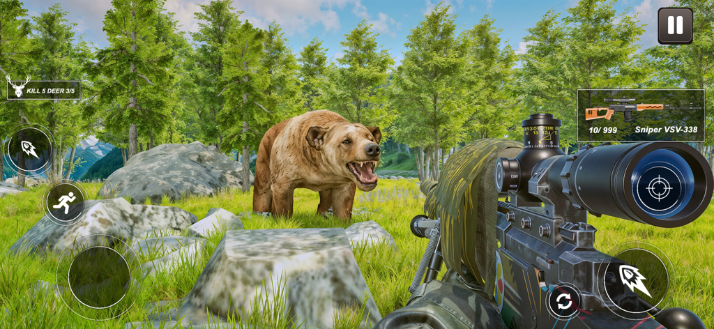 Wild Hunter Deer Hunting Games - Vista de francotirador en primera persona de un oso grizzly en un juego de simulación de caza