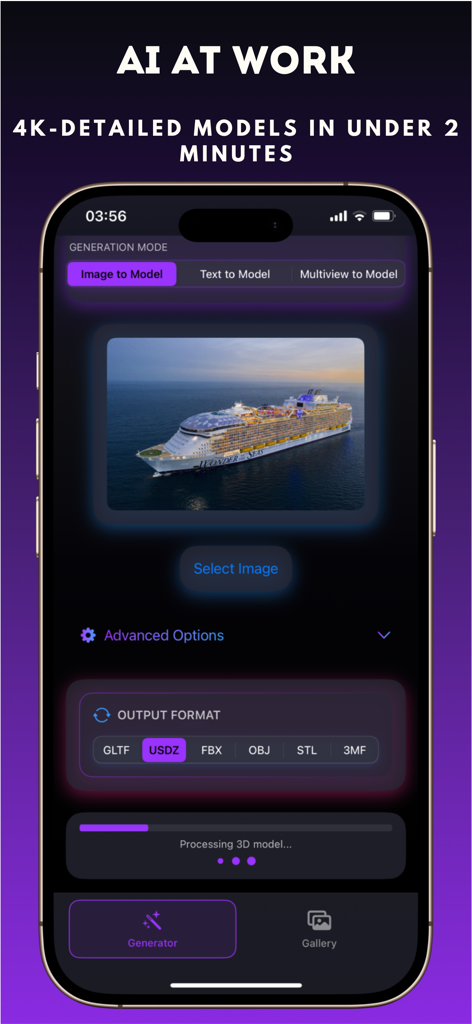 3D Maker Studio - Interfaz de la aplicación 3D Maker Studio que muestra una foto de un crucero siendo convertida en un modelo 3D usando IA.