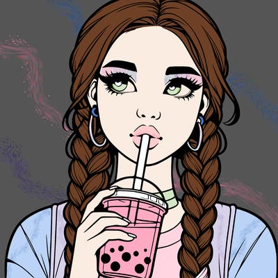 realistic girl with braided hair drinking boba