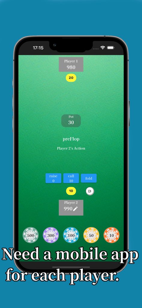 Poker Chips Anywhere - A mobile app interface displaying digital poker chips and game controls for multiple players