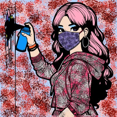 realistic girl with mask spray painting a wall