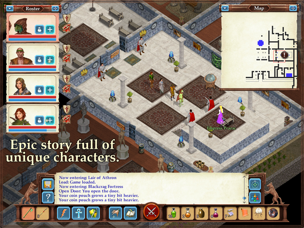 Isometric RPG gameplay showing character roster map and an encounter with Empress Prazac in a castle.