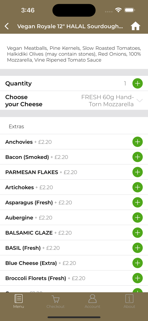 Pure Pizza - Mobile app screen showing customization and extra toppings for a Vegan Royale pizza