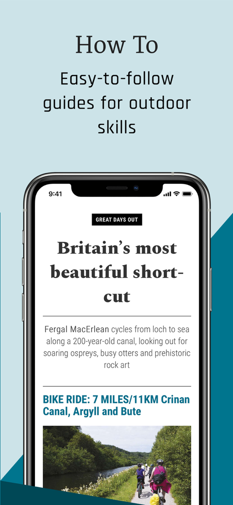BBC Countryfile Magazine - BBC Countryfile Magazine app display showing outdoor skills guides and an article about a bike ride in the British countryside