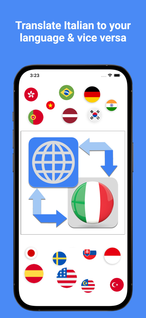 Pantalla de smartphone de la aplicación Italian Translator Pro que muestra la traducción entre la bandera italiana y varias banderas del mundo
