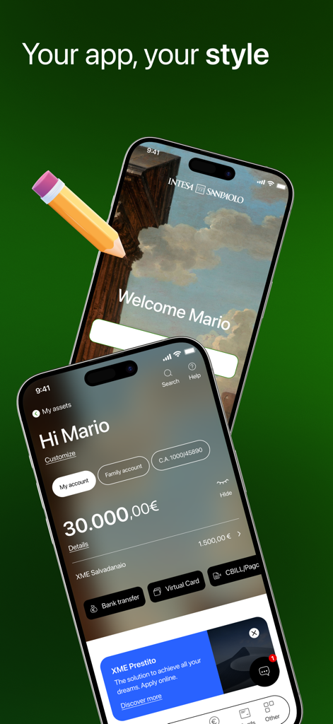 Intesa Sanpaolo Mobile - Captura de pantalla de la aplicación bancaria Intesa Sanpaolo Mobile mostrando un panel personalizado y el saldo de la cuenta en dos smartphones