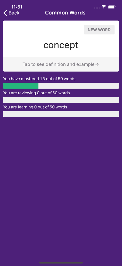 IELTS vocabulary flashcard showing the word concept with mastery progress bars.