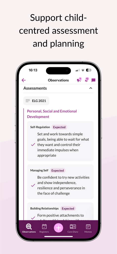 Tapestry app interface displaying child development assessments and educational goals.